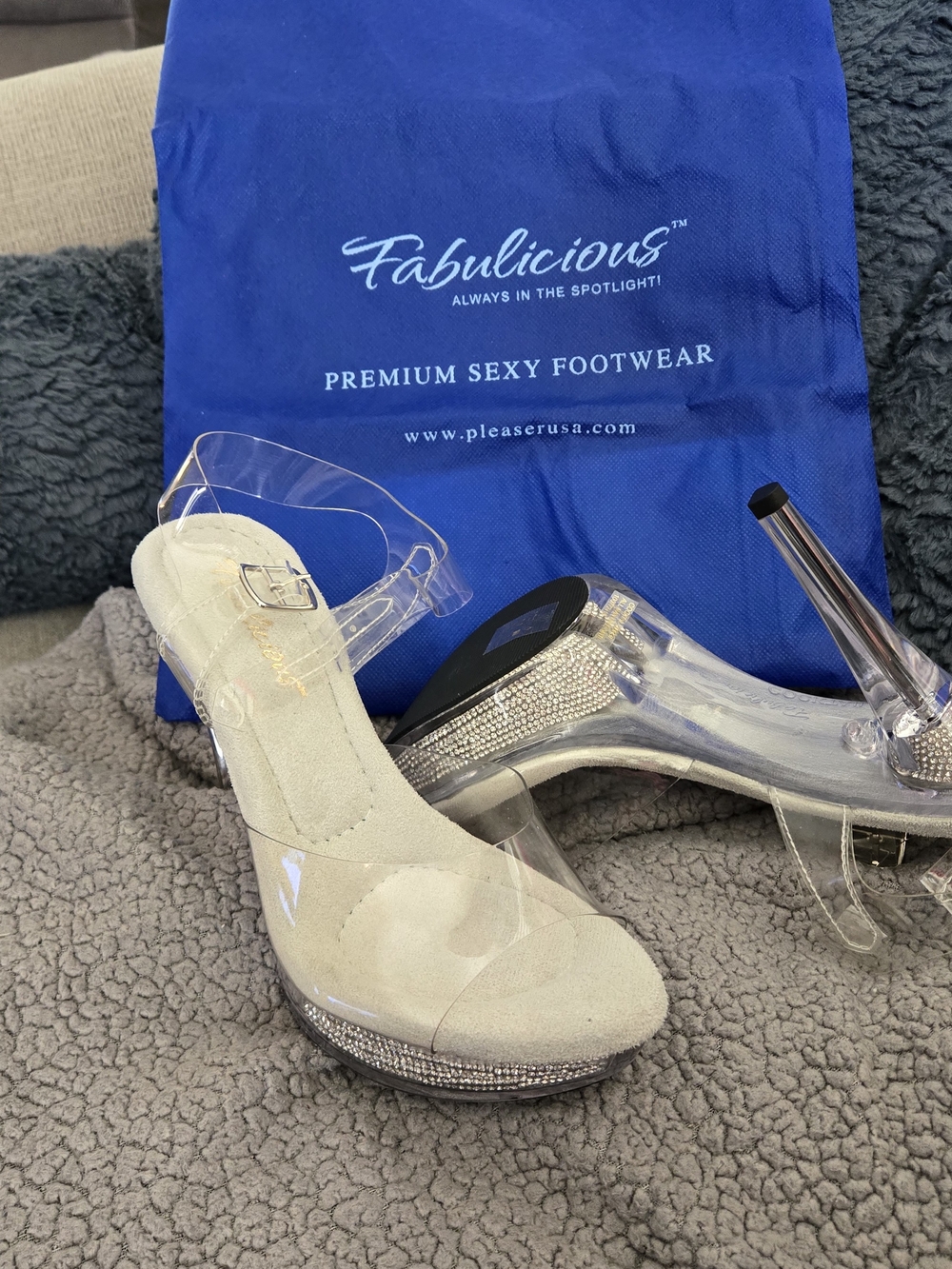 Fabulicious Clear Strap Platform Heels in Ivory with Rhinestone Trim - Picture 2 of 4